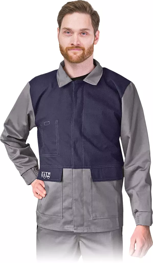 Bluza ochronna trudnopalna WELD, dla spawaczy, antyelektrostatyczna, z długimi rękawami, w kolorach granatowo-szarych, z kołnierzem i kieszenią na piersi.