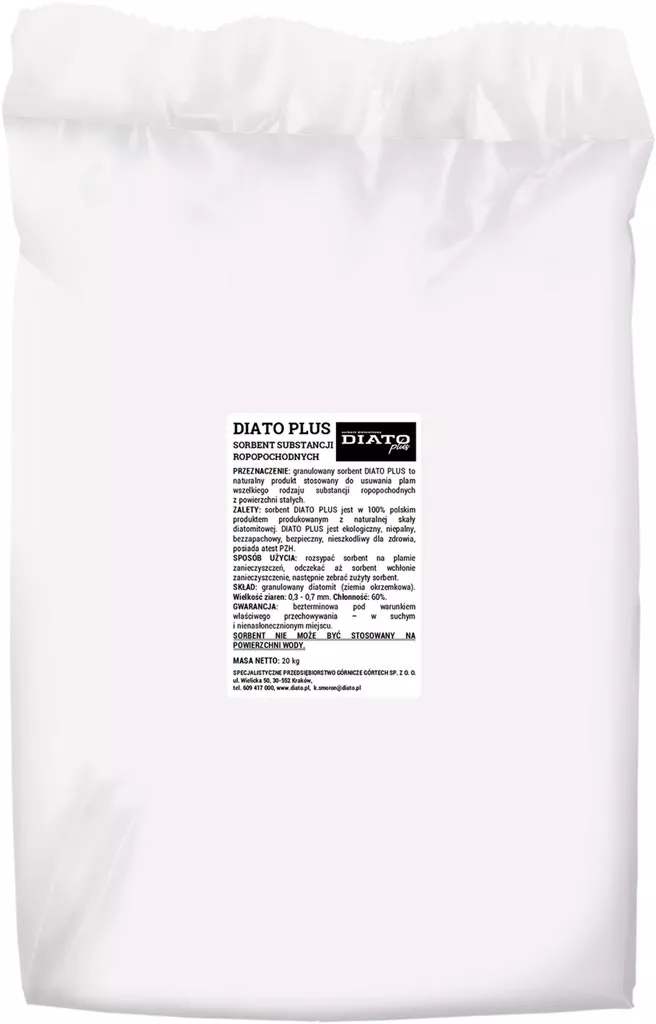 Biały worek zawierający 20 kg sorbentu granulowanego, na opakowaniu nadruk z nazwą i informacjami o produkcie.