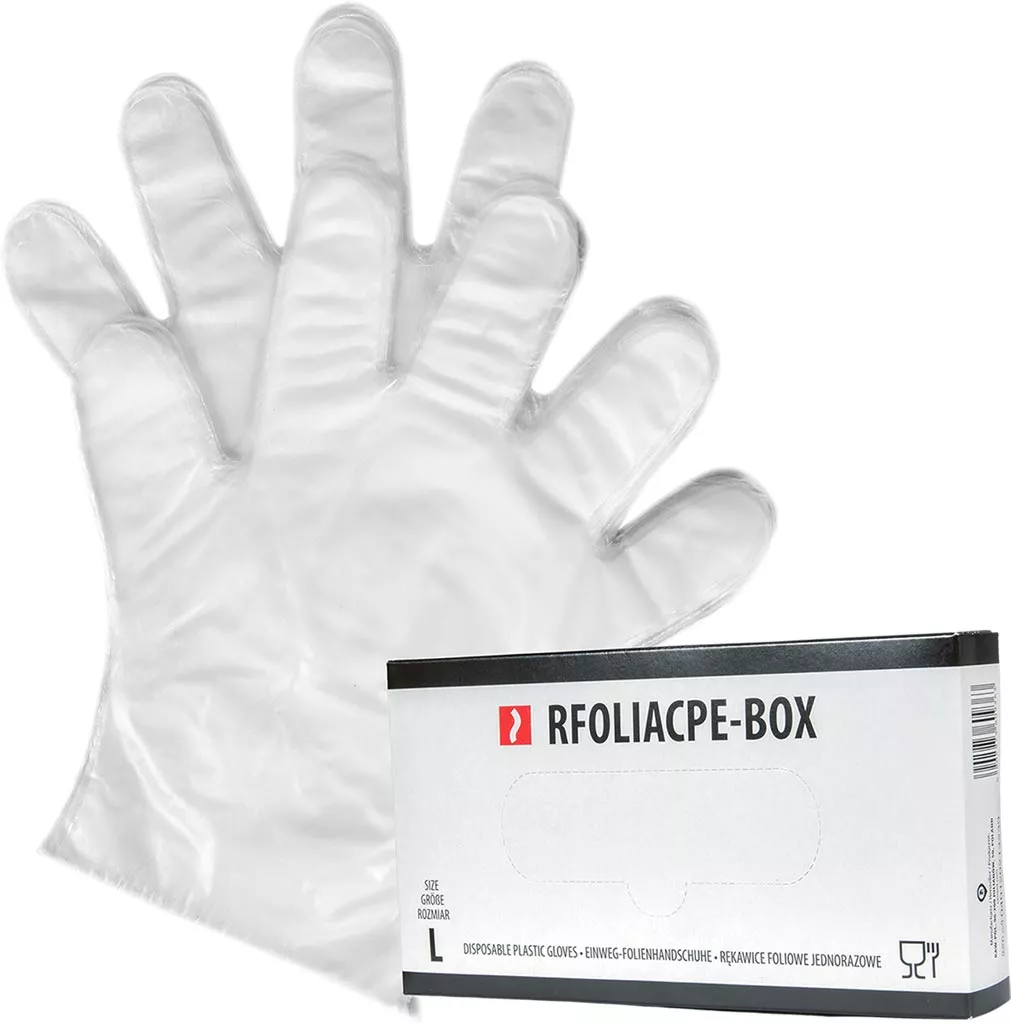 Rękawiczki jednorazowe foliowe FOLIACPE-BOX, 100 sztuk, rozmiar L. Przeznaczone do ochrony rąk, wygodne i praktyczne do użytku sklepowego.