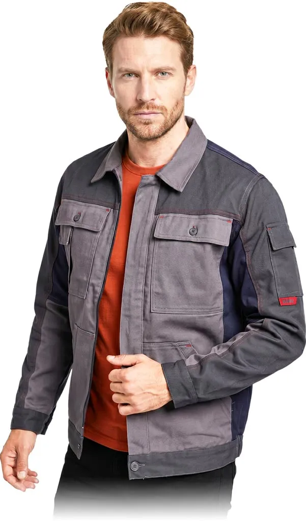 Bluza robocza ochronna BOMER katana, wykonana w 100% z bawełny, kolor stalowy, z kieszeniami na piersi, długie rękawy, zapinana na guziki.
