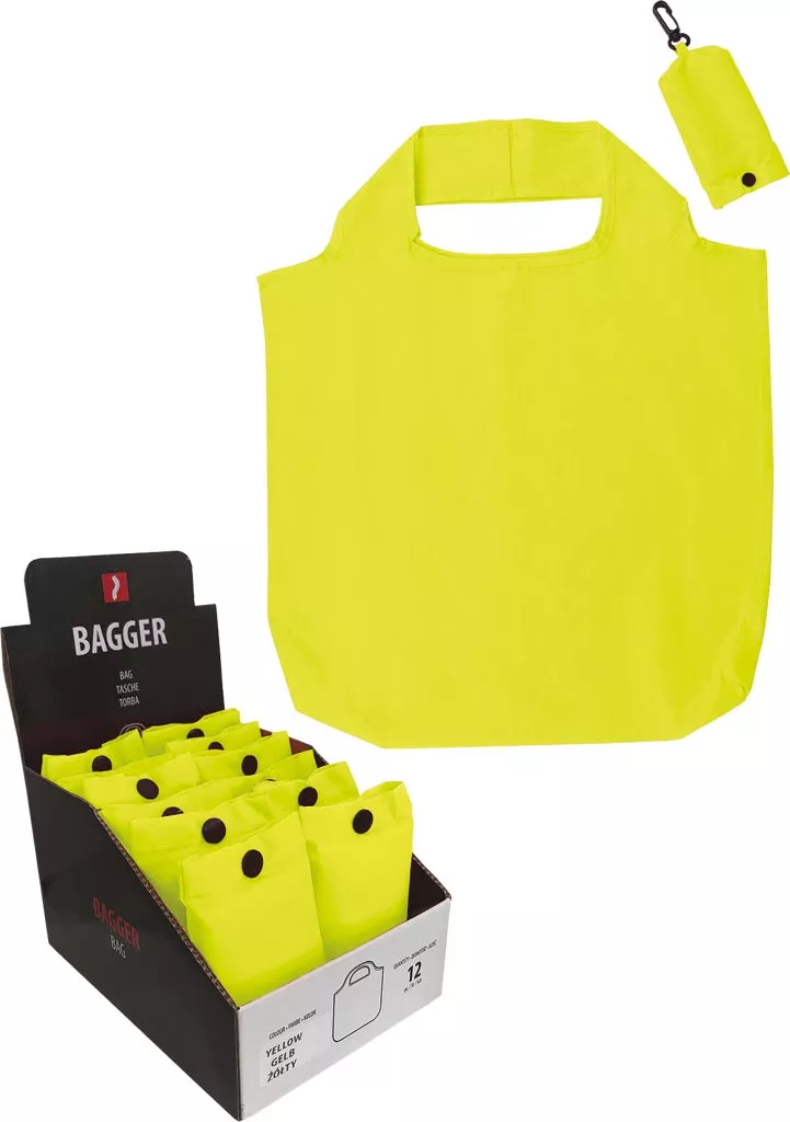 Żółta, wielorazowa torba na zakupy z uchwytem. Składana i przechowywana w małym etui z karabińczykiem, idealna do codziennego użytku. Produkt reklamowy marki Bagger.