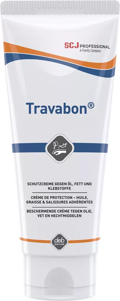Krem Travabon Classic w białej tubie z pomarańczowo-niebieskim wzorem. Przeznaczony do użytku zawodowego, chroni skórę przed substancjami rozpuszczalnymi w olejach.