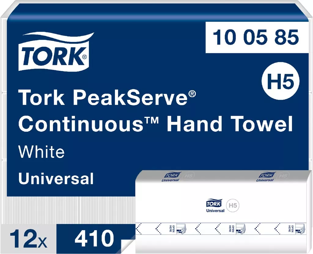 Niekończące się ręczniki do rąk TORK PEAKSERVE, kolor biały, uniwersalne, opakowanie zawiera 12 rolek po 410 listków.