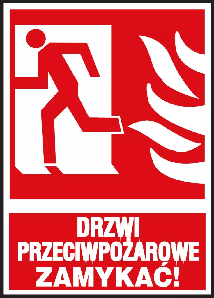Znak bezpieczeństwa czerwony z białym symbolem osoby wychodzącej przez drzwi i płomieni, z napisem 