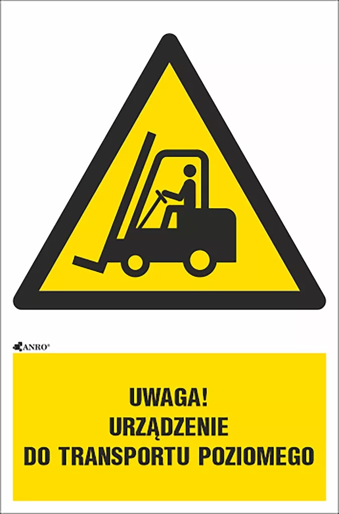 Znak BHP ostrzegający przed urządzeniem do transportu poziomego, przedstawia sylwetkę operatora na wózku widłowym na żółtym tle w czarnym trójkącie. Poniżej napis: 
