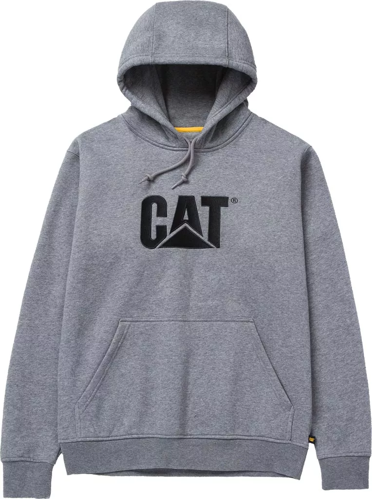 Męska, szara bluza z kapturem marki CAT, z dużą kieszenią kangurką i regulacją kaptura za pomocą sznurków. Na piersi umieszczono czarne logo CAT. Bluza ma ściągacze przy mankietach i u dołu.