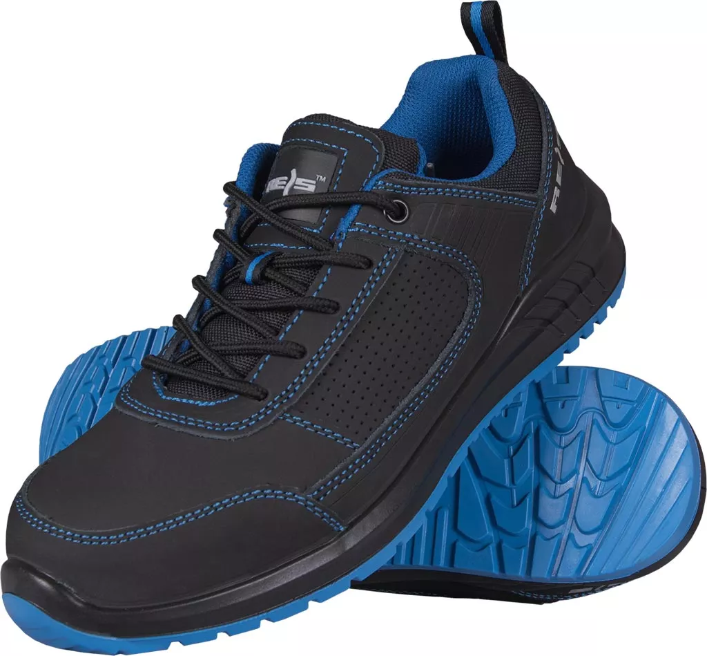 Skórzane buty robocze JUPITER S1P w kolorze czarnym z niebieskimi detalami. Posiadają podnosek i wkładkę ochronną oraz antypoślizgową, niebieską podeszwę. Model męski, bezpieczne.