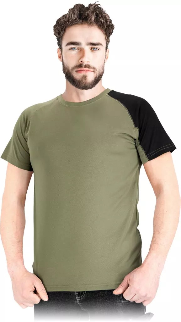 Zielony męski T-shirt TOLEDO z siateczki, z krótkim rękawem. Na jednym ramieniu czarny panel. Prosty krój.
