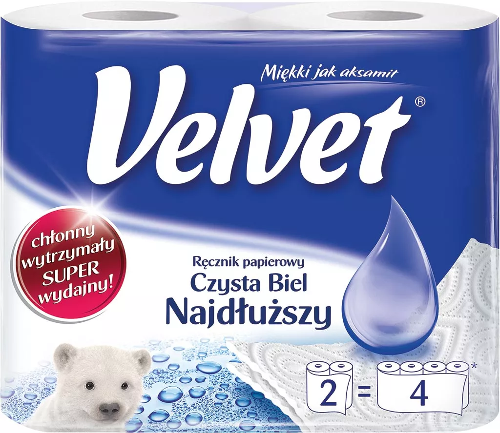 Opakowanie ręczników papierowych marki Velvet. Zawiera 2 rolki, które odpowiadają 4 standardowym rolkom. Produkt jest biały, opisany jako 