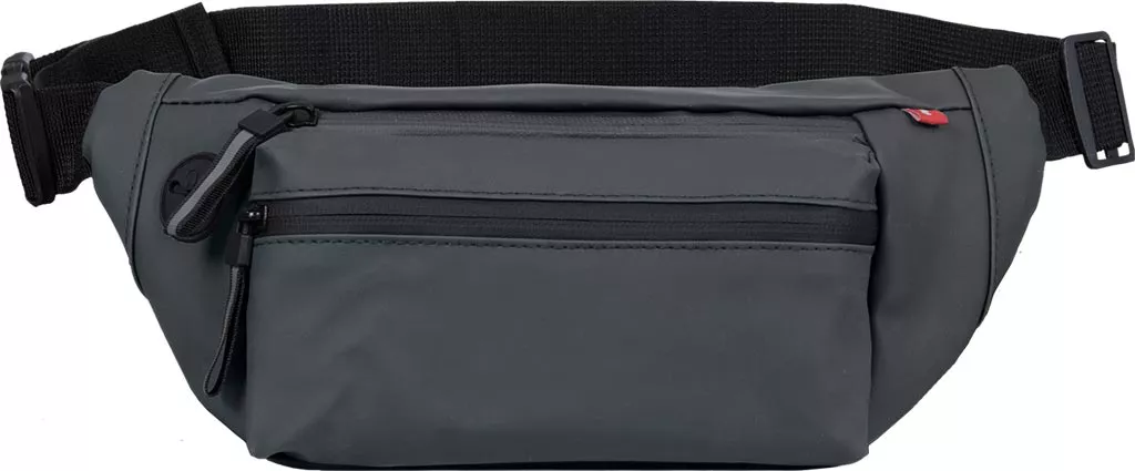 Szara saszetka nerka MINIBAG z trzema kieszeniami oraz otworem na słuchawki. Posiada regulowany pasek i zamki błyskawiczne.