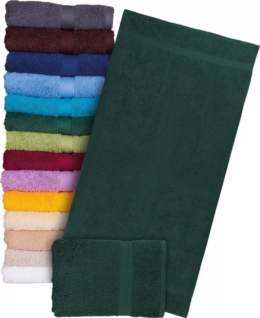 Ręcznik frotte, 100% bawełna, gruby, w kolorze ciemnozielonym. Produkt o wysokiej jakości, miękki i dobrze chłonny. Dostępny także w innych kolorach.