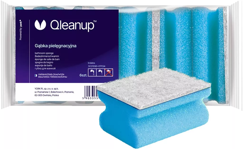 Gąbka sanitarna pielęgnacyjna Cleanup, czyścik uniwersalny o ergonomcznym kształcie, dwustronna: miękka do delikatnego czyszczenia i szorstka do usuwania zabrudzeń. Kolor niebieski.