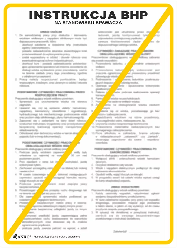 Plakat instruktażowy BHP dla stanowiska spawacza, zawierający szczegółowe wytyczne i procedury bezpieczeństwa. Tekst jest wydrukowany w dwóch kolumnach na żółtym tle, z nagłówkiem 
