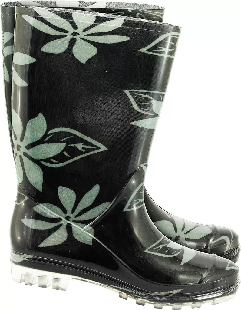 Damskie kalosze FLOWER w czarnym kolorze z dużym wzorem kwiatowym w jasnym odcieniu. Model sięgający za kostkę, wykonany z wodoodpornego materiału.