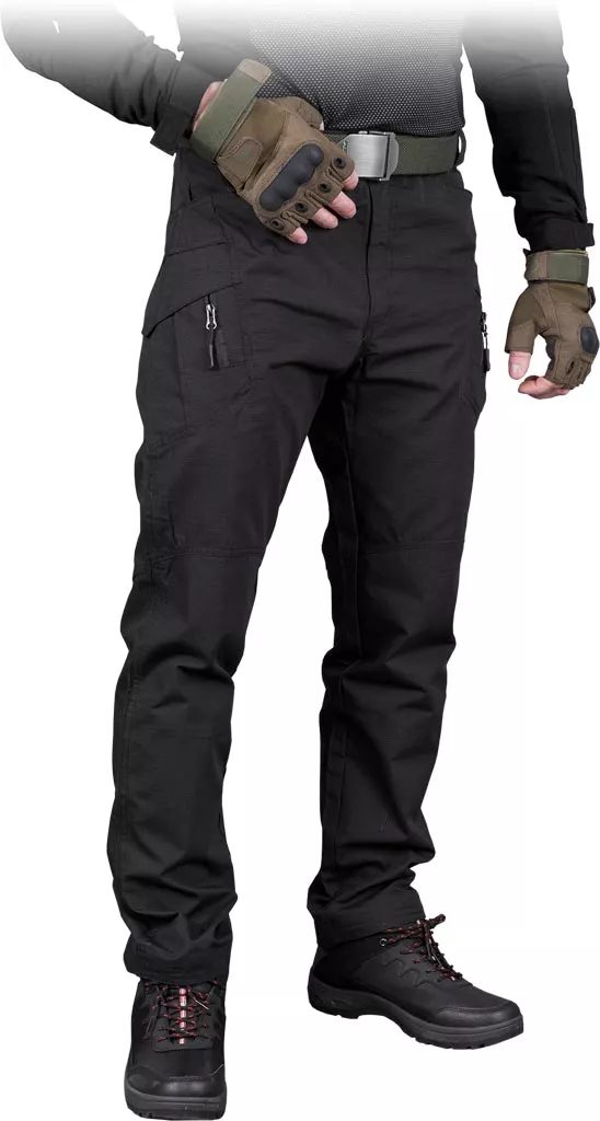 Męskie czarne spodnie taktyczne bojówki rip-stop GANS z wieloma kieszeniami, elastycznym pasem i wzmocnionymi szwami. Model Tactical Guard, idealny do zadań ochronnych i outdoorowych.
