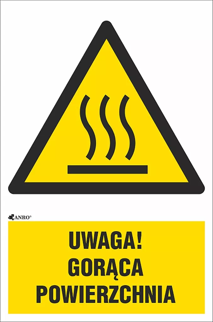 Znak BHP „Uwaga! Gorąca powierzchnia” z żółtym trójkątem i czarnym obramowaniem, przedstawiającym parę unoszącą się znad powierzchni. Pod symbolem napis ostrzegawczy na żółtym tle.