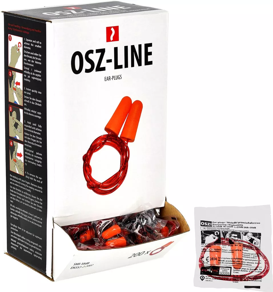 Wkładki przeciwhałasowe OSZ-LINE, piankowe na sznurku, 200 par. Jednorazowe stopery do uszu z pianki poliuretanowej, chroniące przed hałasem. Opakowanie zbiorcze z indywidualnie pakowanymi parami.