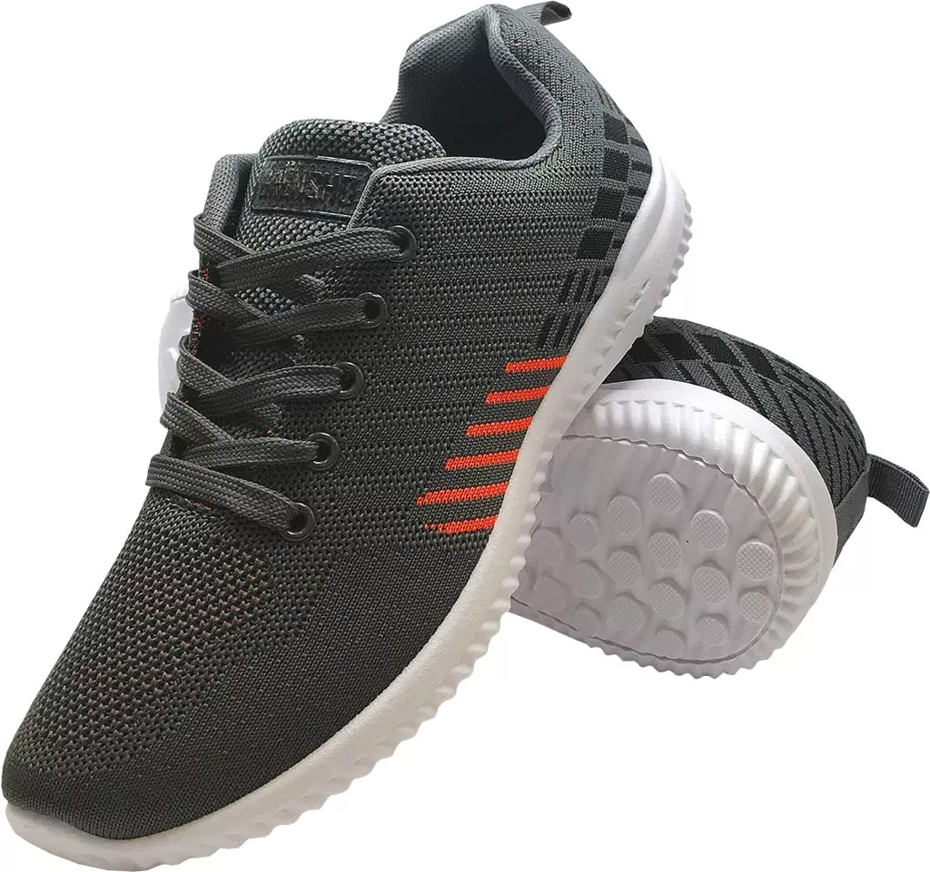 Lekkie buty sportowe FAST w kolorze stalowym, z oddychającą siateczkową cholewką, białą podeszwą i czerwonymi akcentami po bokach. Idealne do aktywności fizycznej.
