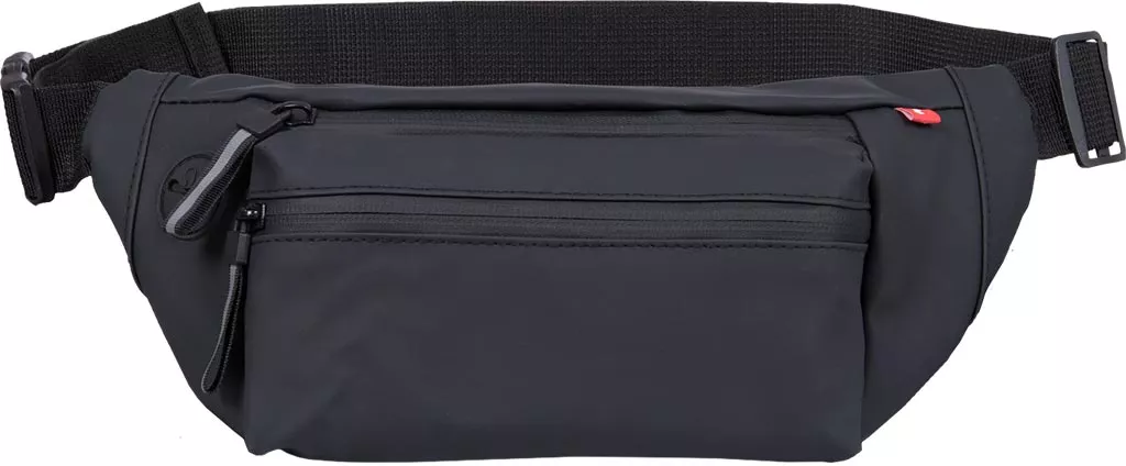 Czarna saszetka nerka MINIBAG z trzema kieszeniami i otworem na słuchawki, zapinana na suwak, z regulowanym paskiem.