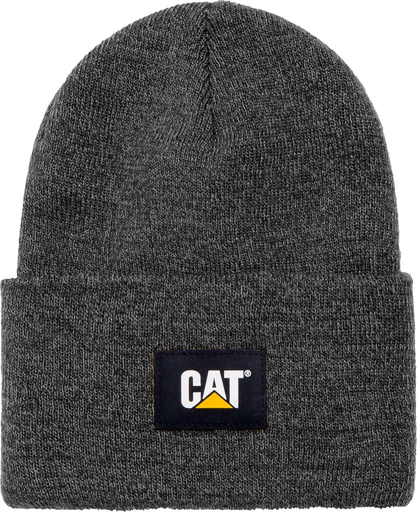 Czapka zimowa CAT w kolorze szarym, wykonana z ciepłego materiału, z wywijanym brzegiem. Na froncie naszywka z logo Caterpillar w czarno-żółtej kolorystyce.