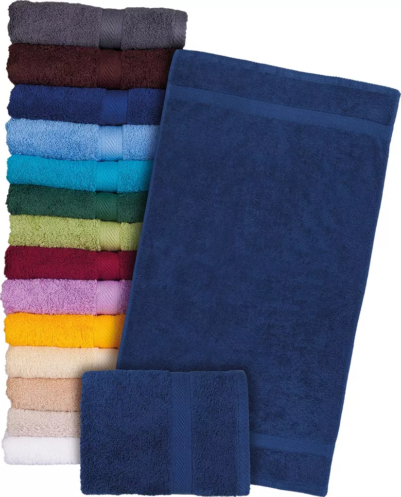 Ręcznik frotte wykonany w 100% z bawełny, gruby i miękki, w kolorze granatowym. Produkt tkany o wysokiej jakości, dostępny także w innych kolorach.