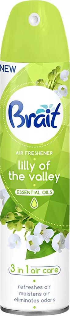 Odświeżacz powietrza Brait, zapach konwalii 'Lily of the Valley', 3 w 1. Opakowanie w kolorze zielonym z białymi i zielonymi akcentami graficznymi przedstawiającymi kwiaty konwalii.