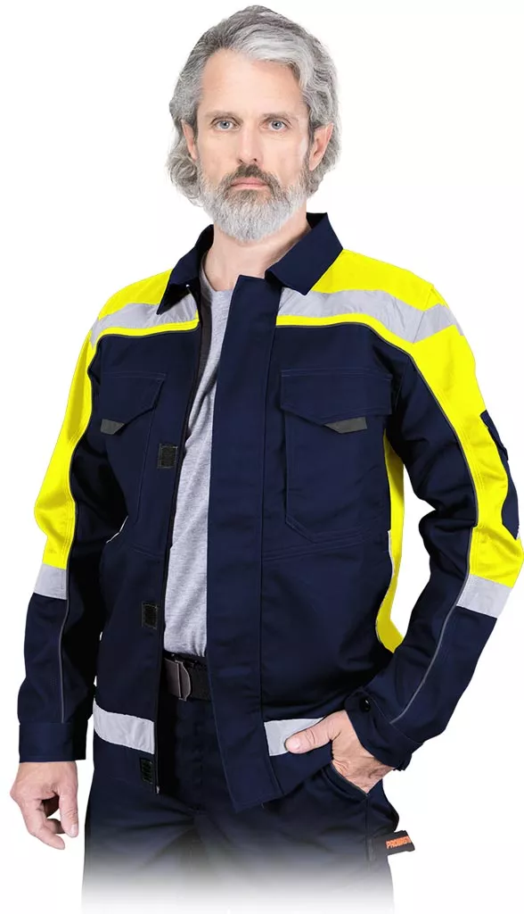 Bluza robocza odblaskowa PROM, męska, granatowo-żółta, zapinana na zamek i rzepy. Posiada elementy odblaskowe na rękawach, klatce piersiowej i plecach, kieszenie z klapami oraz kontrastowe wstawki.