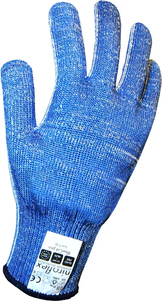 Rękawice antyprzecięciowe niroflex BlueCut pro w kolorze niebieskim, wykonane z materiału o wysokiej odporności na przecięcie, z elastycznym mankietem. Przeznaczone do ochrony dłoni podczas pracy.