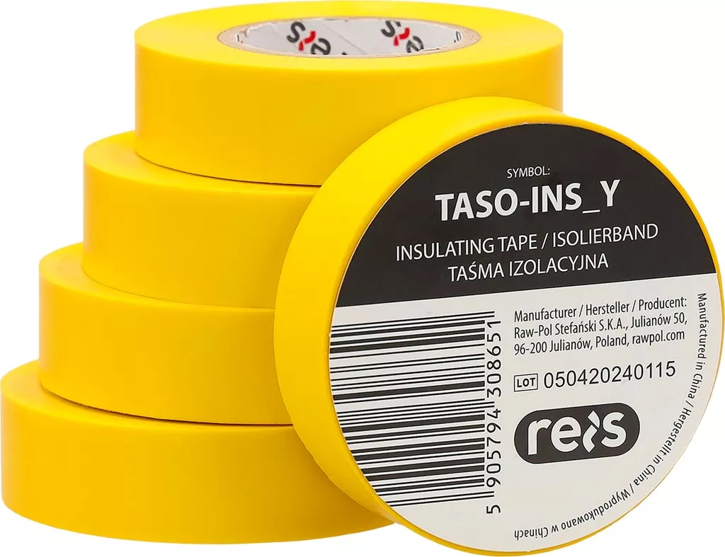 Żółta, samoprzylepna taśma izolacyjna Taso-Ins Y o szerokości 19 mm i długości 20 m, przeznaczona do izolacji elektrycznej. Produkt marki Reis, numer katalogowy 50402420115.