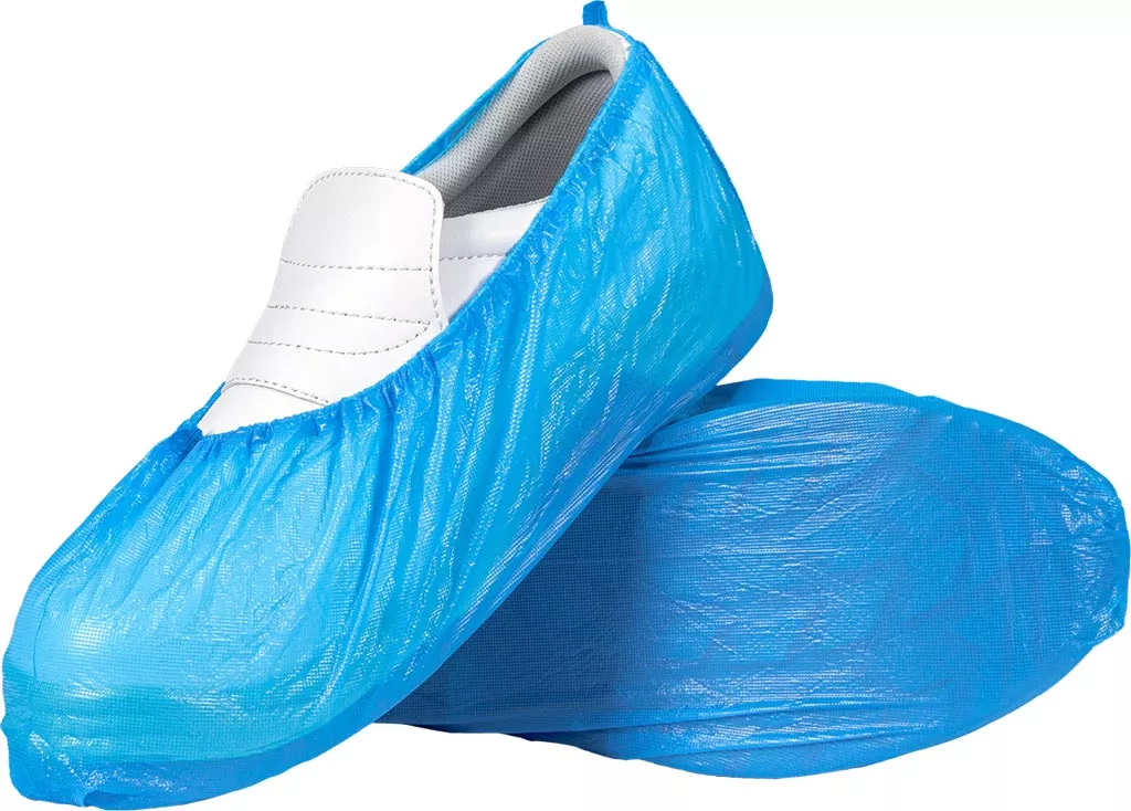 Foliowe ochraniacze na obuwie CPE, niebieskie, 100 sztuk. Chronią buty przed zabrudzeniem i wilgocią, wykonane z cienkiego, elastycznego materiału. Przeznaczone do jednorazowego użytku.