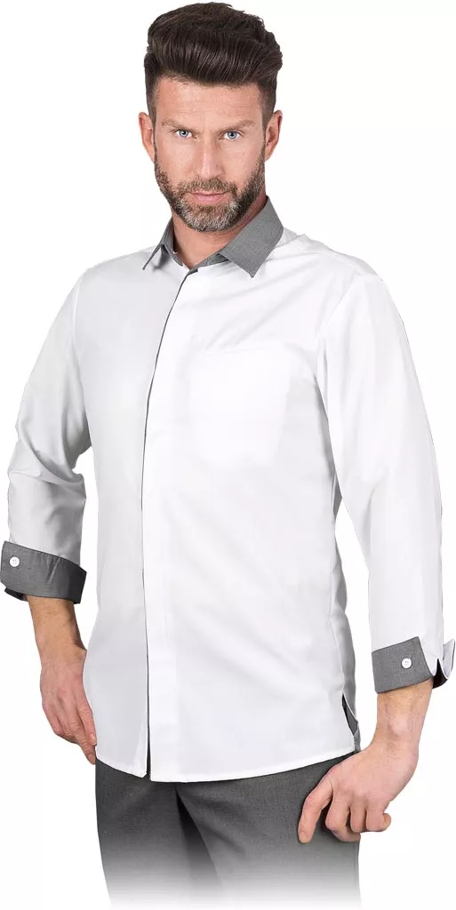 Męska elegancka koszula SOLENO w kolorze białym z szarymi mankietami i kołnierzem. Model z długim rękawem, zapinany na guziki, dopasowany krój.