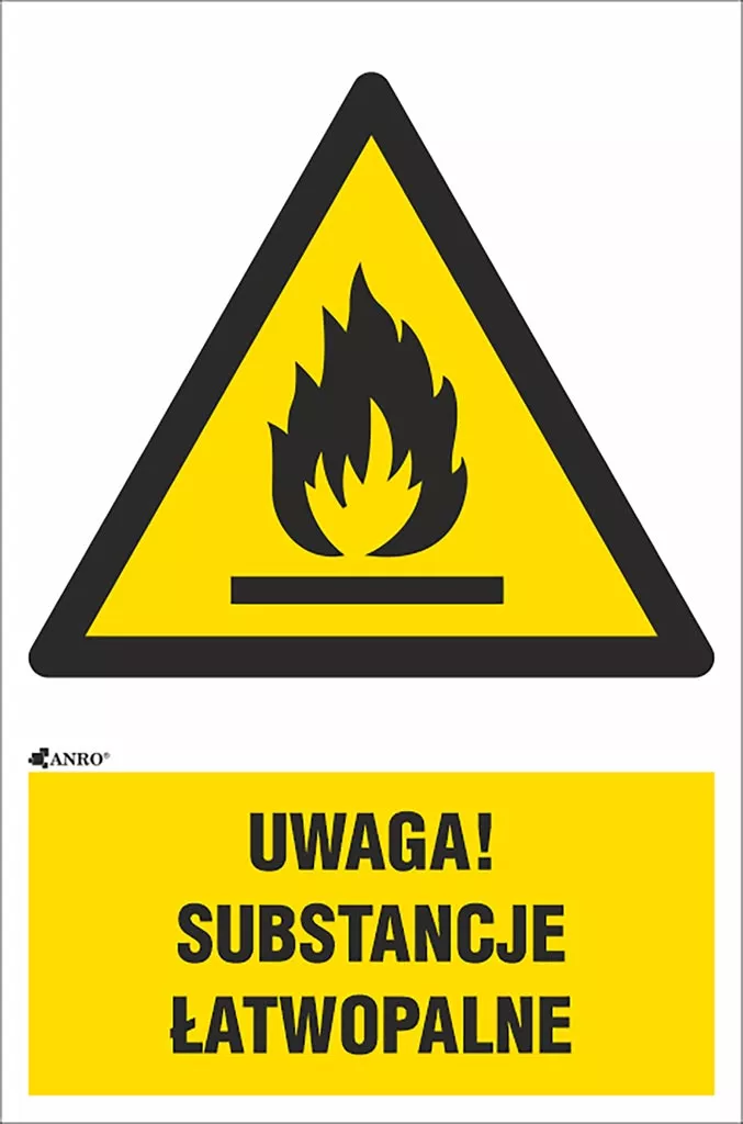 Znak ostrzegawczy z symbolem płomienia w czarnym trójkącie na żółtym tle, poniżej napis „UWAGA! SUBSTANCJE ŁATWOPALNE” na żółtym tle. Ostrzega przed materiałami łatwopalnymi.