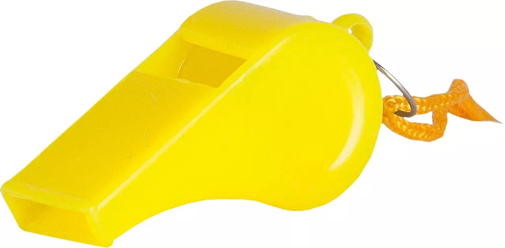 Żółty gwizdek z otworem do przewleczenia sznurka, wyposażony w pomarańczowy sznurek do zawieszenia. Wykonany z plastikowego materiału.