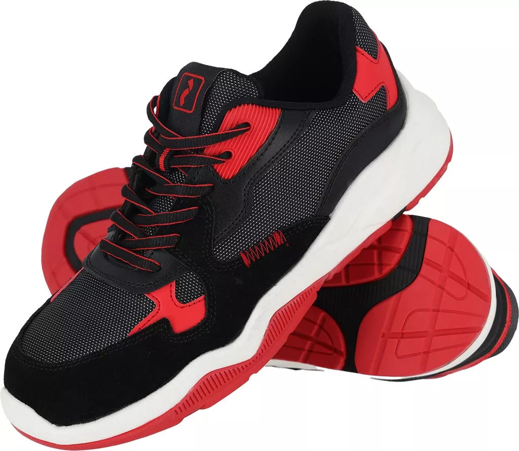 Męskie buty robocze ochronne TEEN, model S1 HRO, w kolorach czarnym i czerwonym. Wykonane z oddychającego materiału siateczkowego, z antypoślizgową podeszwą oraz wzmacnianymi elementami dla zwiększonej wytrzymałości.