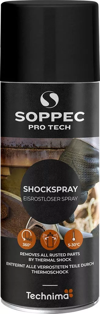 Odrdzewiacz w sprayu marki SOPPEC Pro Tech, model SHOCKSPRAY, o pojemności 520 ml. Przeznaczony do intensywnego usuwania rdzy.