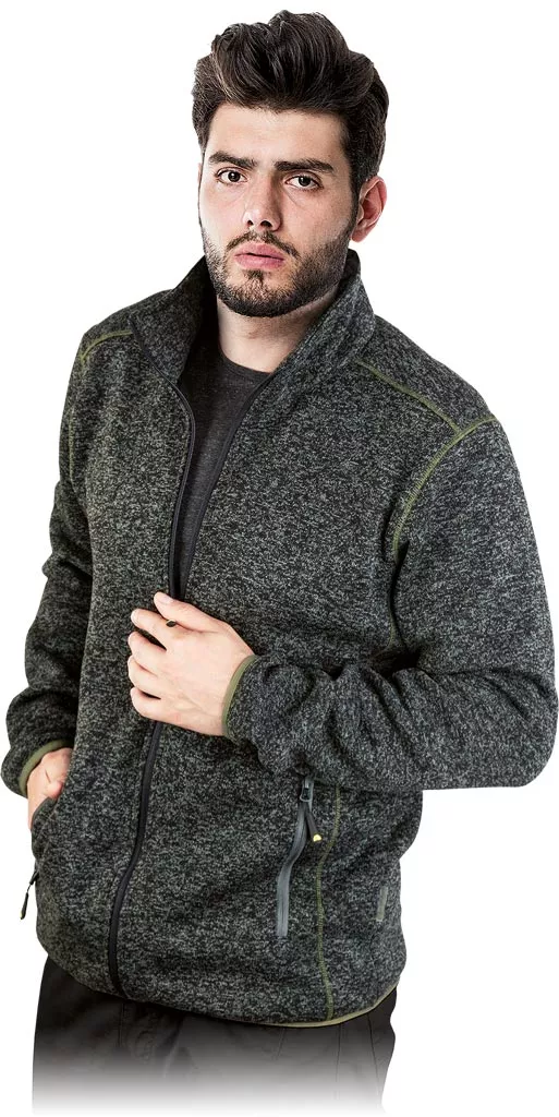 Bluza ochronna męska w kolorze ciemnoszarym, wykonana z grubego i wydaje się ciepłego materiału. Ma wysoki kołnierz, zamek błyskawiczny oraz ściągacze przy mankietach i na dole.
