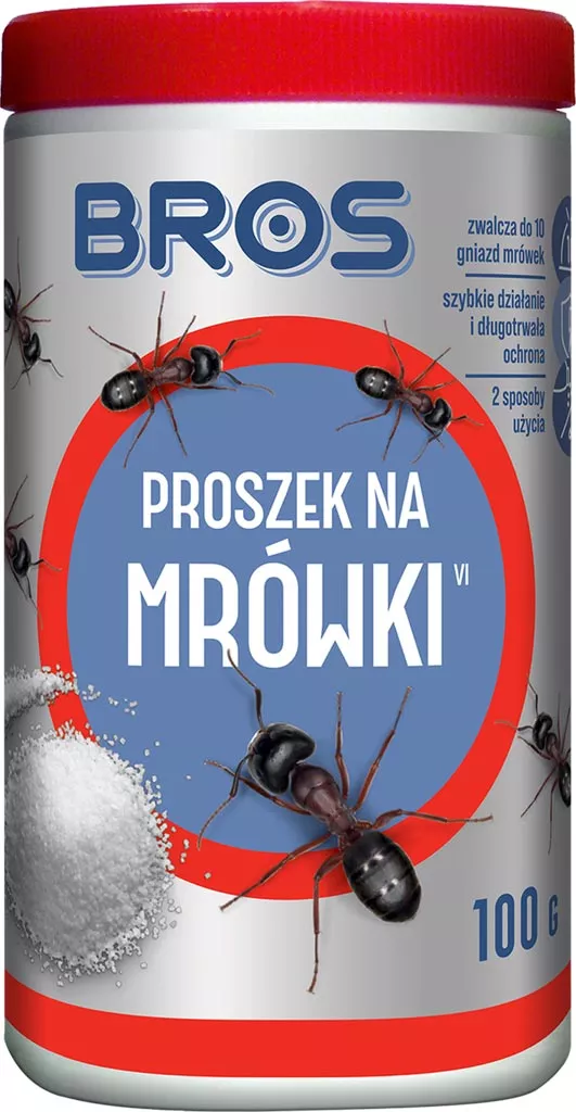 Opakowanie proszku na mrówki marki BROS o pojemności 100 g. Kolor czerwono-szary. Na opakowaniu grafika mrówek i czerwony okrąg z napisem 
