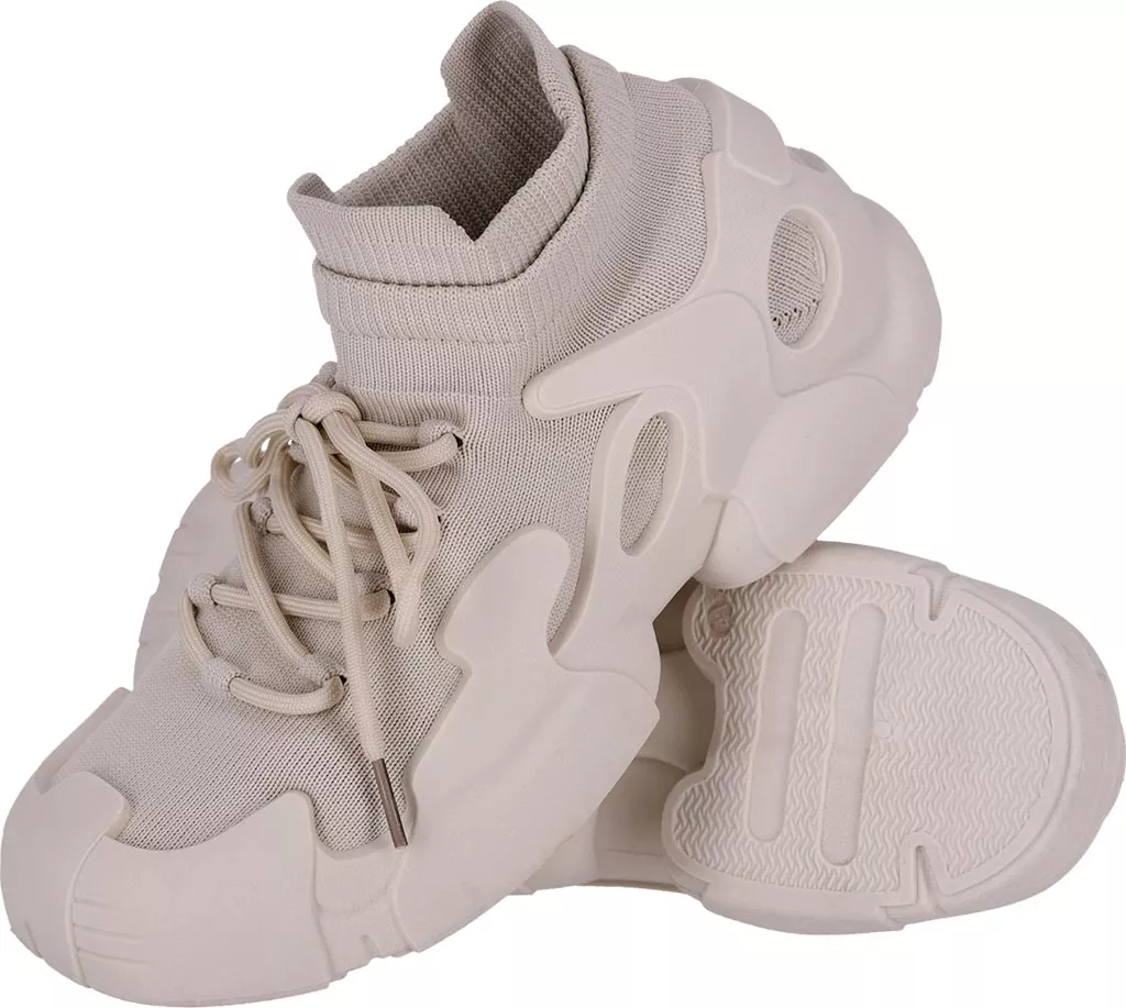 Beżowe męskie buty sportowe typu skarpeta DINSON, lekkie, z wysoką elastyczną cholewką i grubą podeszwą. Model treningowy z sznurowaniem dla lepszego dopasowania.