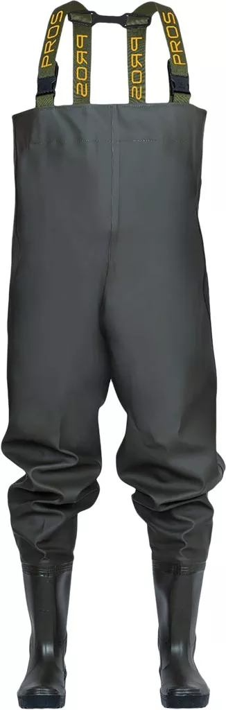 Wodery spodniobuty SB01 na szelkach, model Standard, wodoodporne, zintegrowane buty, czarne, przeznaczone do wędkowania i pracy w wodzie.