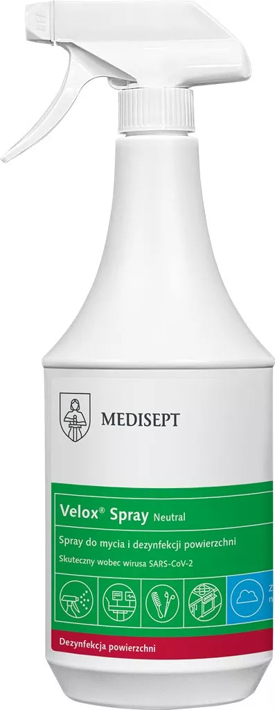 Velox® Spray Medisept to preparat do mycia i dezynfekcji powierzchni, skuteczny wobec bakterii, grzybów i wirusów. Produkt ma pojemność 1 litra i jest gotowy do użycia.