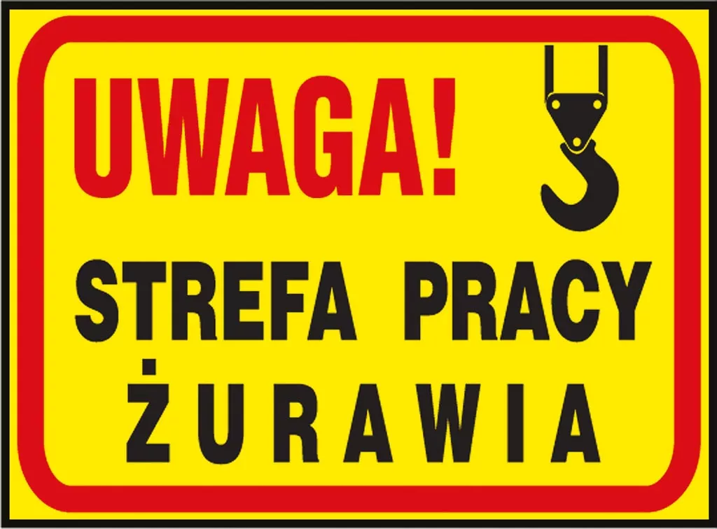 Tablica ostrzegawcza o żółtym tle z czarnymi i czerwonymi napisami 