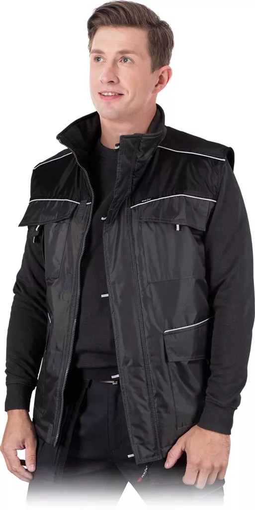 Szary, ocieplany bezrękawnik męski ALLIGATOR z kieszeniami zapinanymi na zamek i zatrzaski, z odblaskowymi elementami, zaprojektowany do pracy. Model ARIZONA.