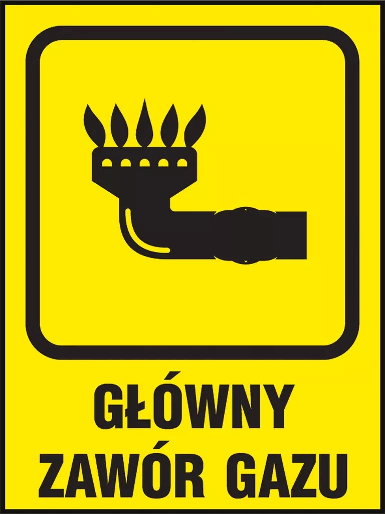 Znak bezpieczeństwa w kolorze żółtym z czarną grafiką przedstawiającą rękę z otwartym zaworem gazu i płomieniami na górze. Napis 