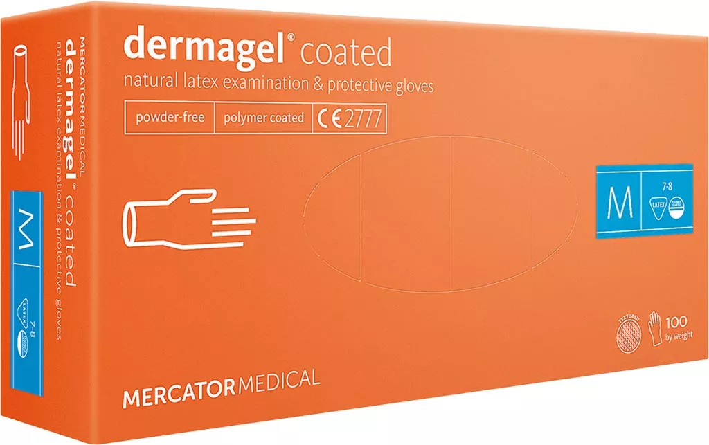 Pudełko rękawic lateksowych marki Dermagel Coated, rozmiar M. Opakowanie zawiera 100 sztuk, bezpudrowych, niesterylnych rękawic. Na pudełku znajduje się oznaczenie CE.