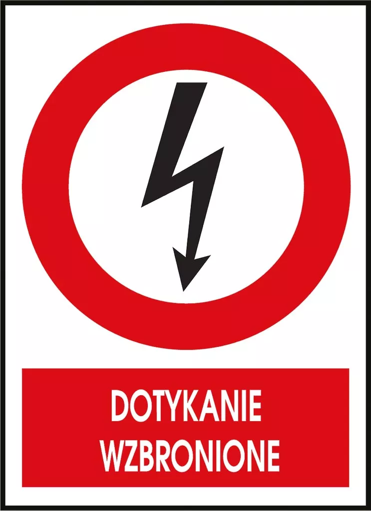 Znak ostrzegawczy z białym symbolem pioruna i strzałką w czerwonym kole, pod nim czerwony prostokąt z napisem 