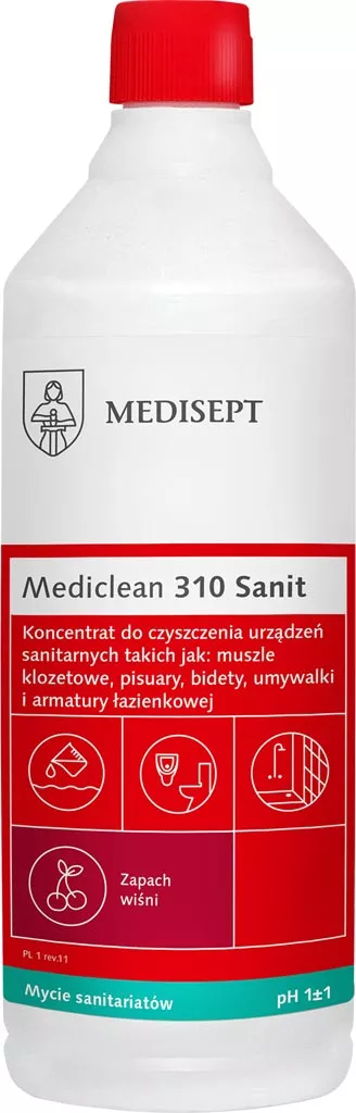 Mediclean 310 Sanit to koncentrat do czyszczenia urządzeń sanitarnych. Posiada działanie bakteriobójcze, usuwa kamień i brud, nadaje połysk oraz posiada przyjemny zapach. Opakowanie 1 litr.