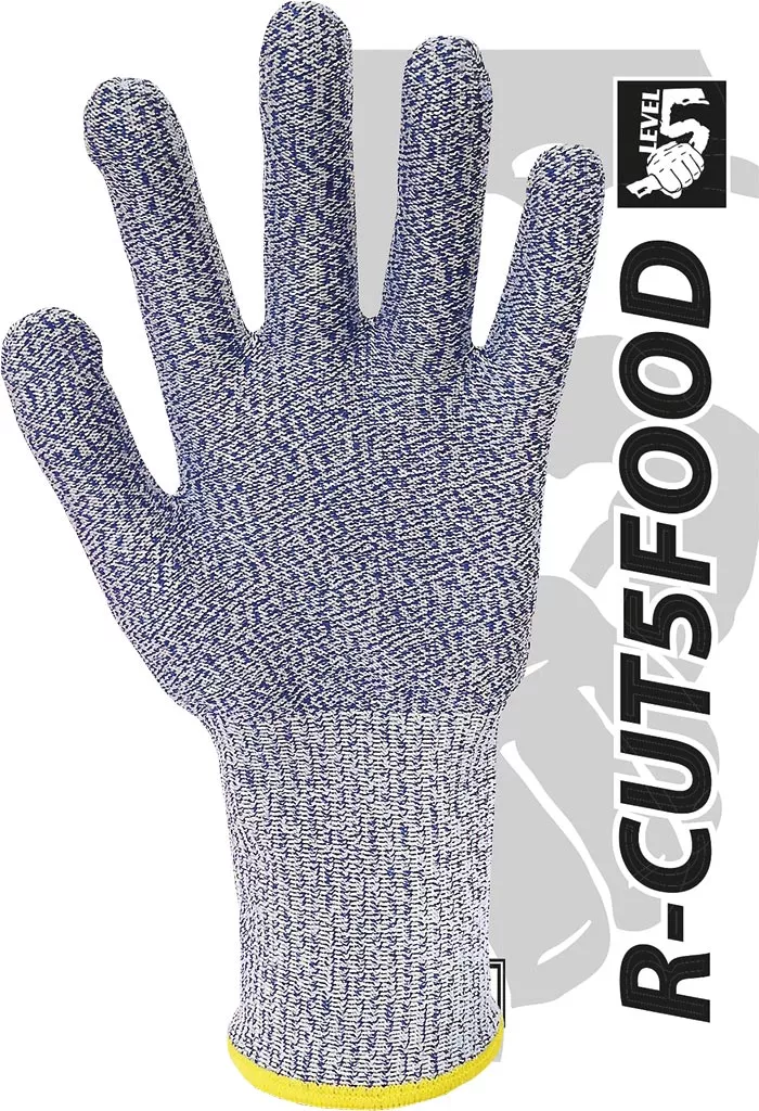 Rękawice ochronne antyprzecięciowe HACCP R-CUT5FOOD, zapewniające ochronę na poziomie CUT 5, przeznaczone do pracy z żywnością. Materiał szary, elastyczne, z mankietem w żółtym kolorze.