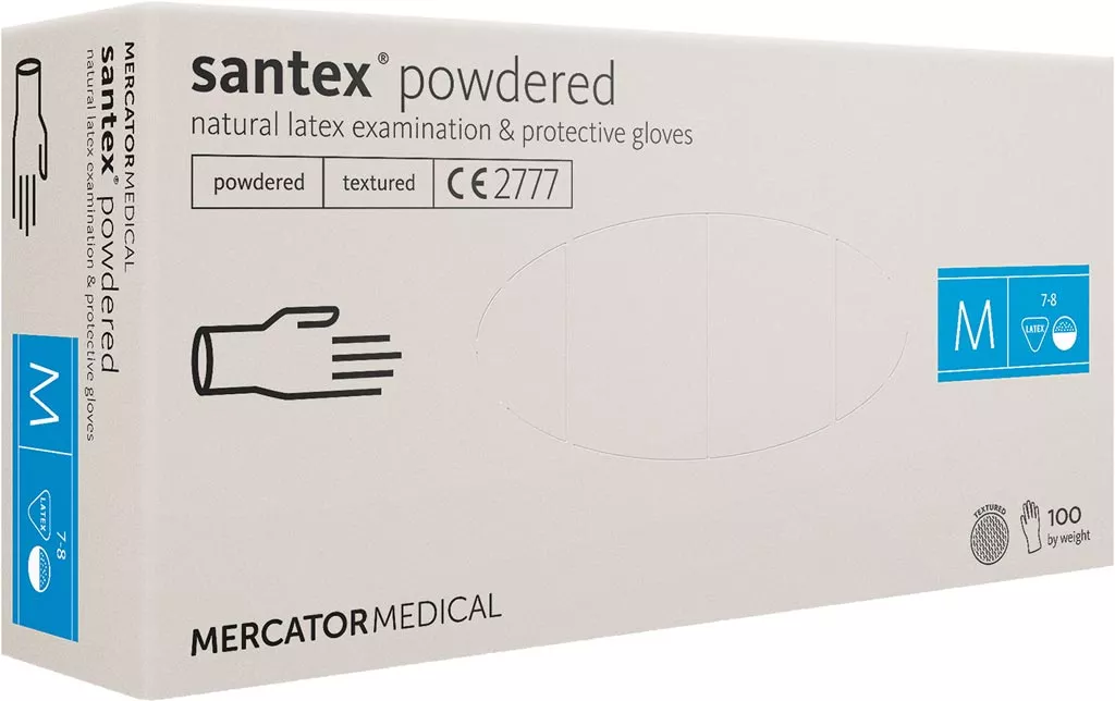 Opakowanie białych rękawic lateksowych Santex® powdered, rozmiar M. W pudełku znajduje się 100 sztuk teksturowanych na końcówkach palców rękawic. Produkt sterylny.