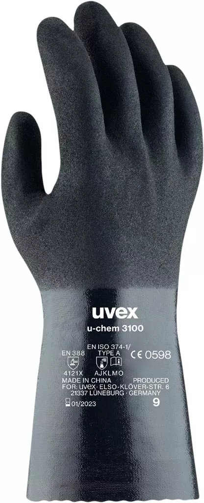 Rękawice ochronne Uvex U-Chem 3100, czarne, pokryte poliuretanem. Na rękawicach widoczne są oznaczenia modelu oraz certyfikaty CE i EN388.