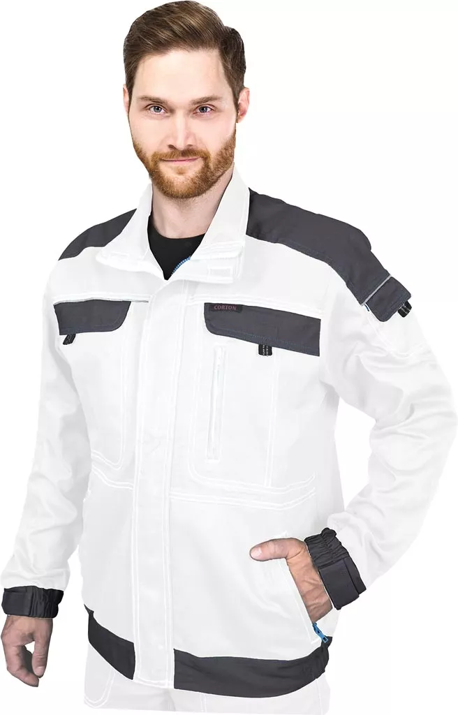 Biała męska bluza robocza katana CORTON z 100% bawełny, wyposażona w kieszenie na piersi i ramionach oraz czarne wzmocnienia na ramionach, rękawach i dole bluzy.